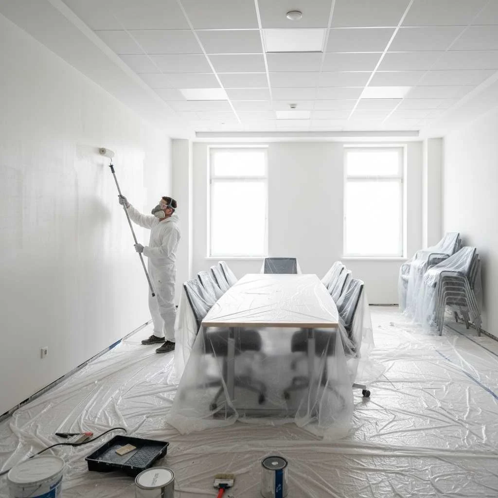 Painter applying even primer coat in a conference room.