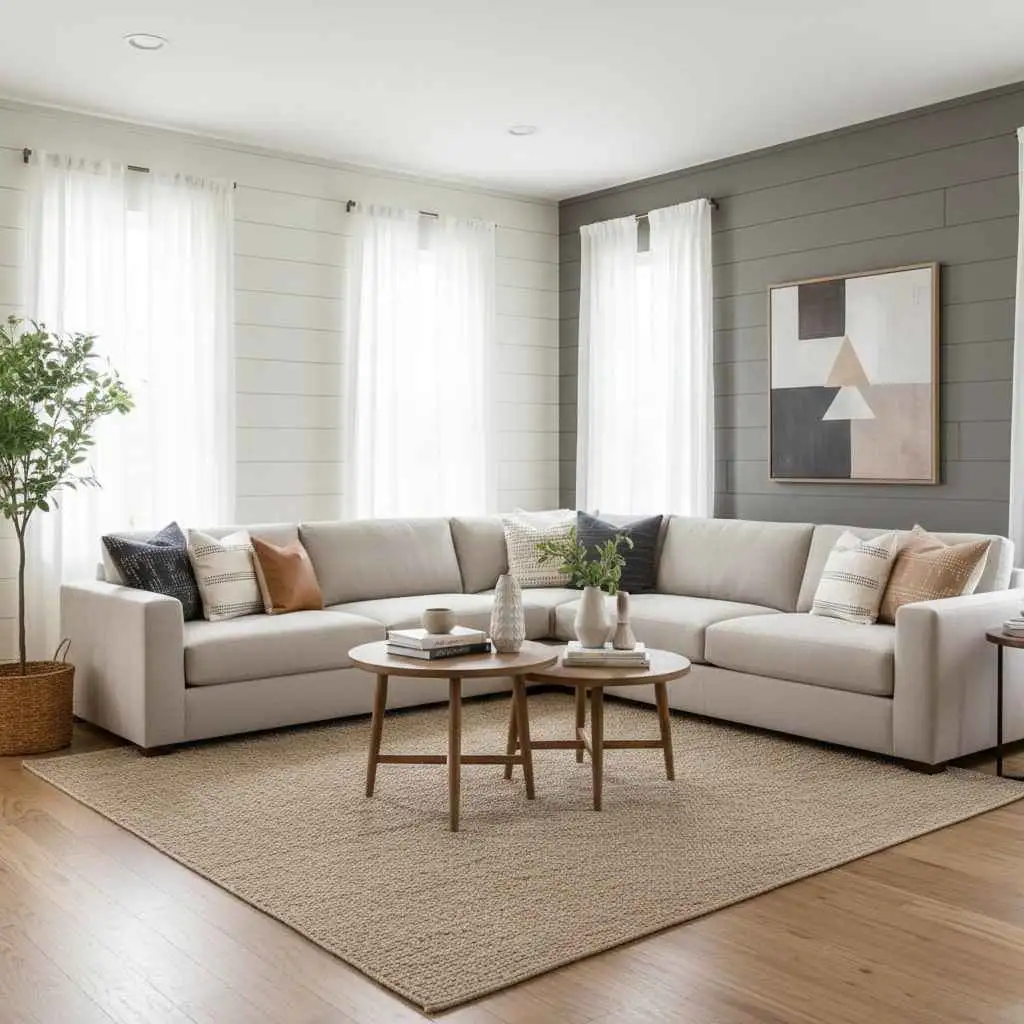 neutral-toned living room with accent walls