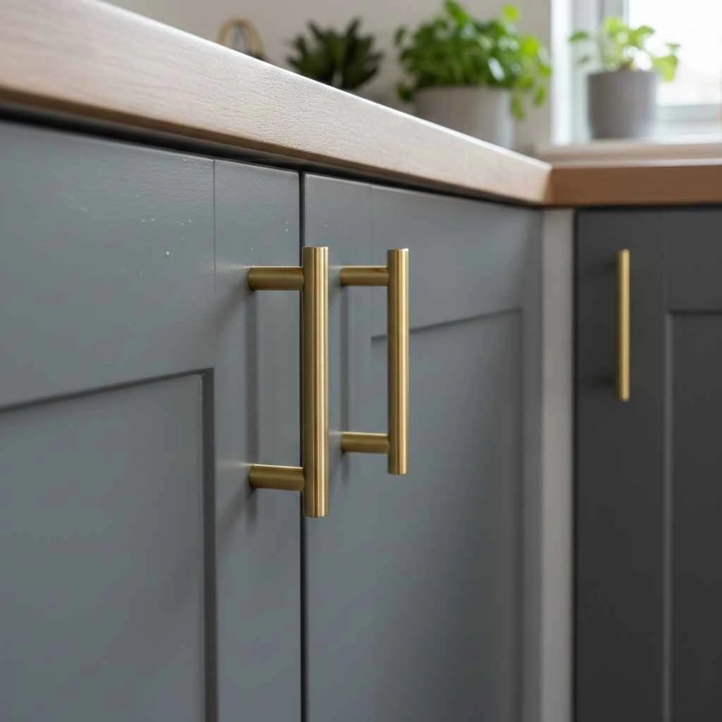 Close-up of newly painted cabinet doors with upgraded hardware