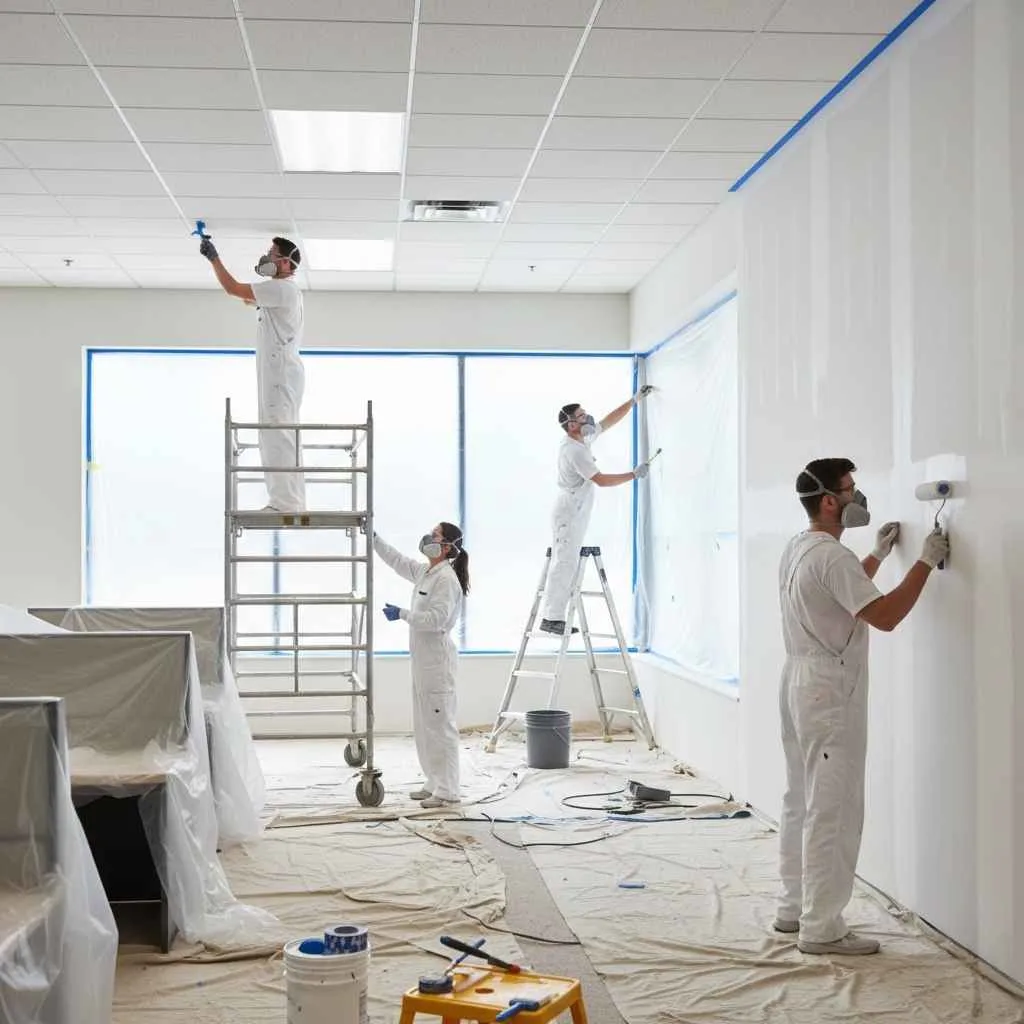Commercial painting crew preparing walls in a business space