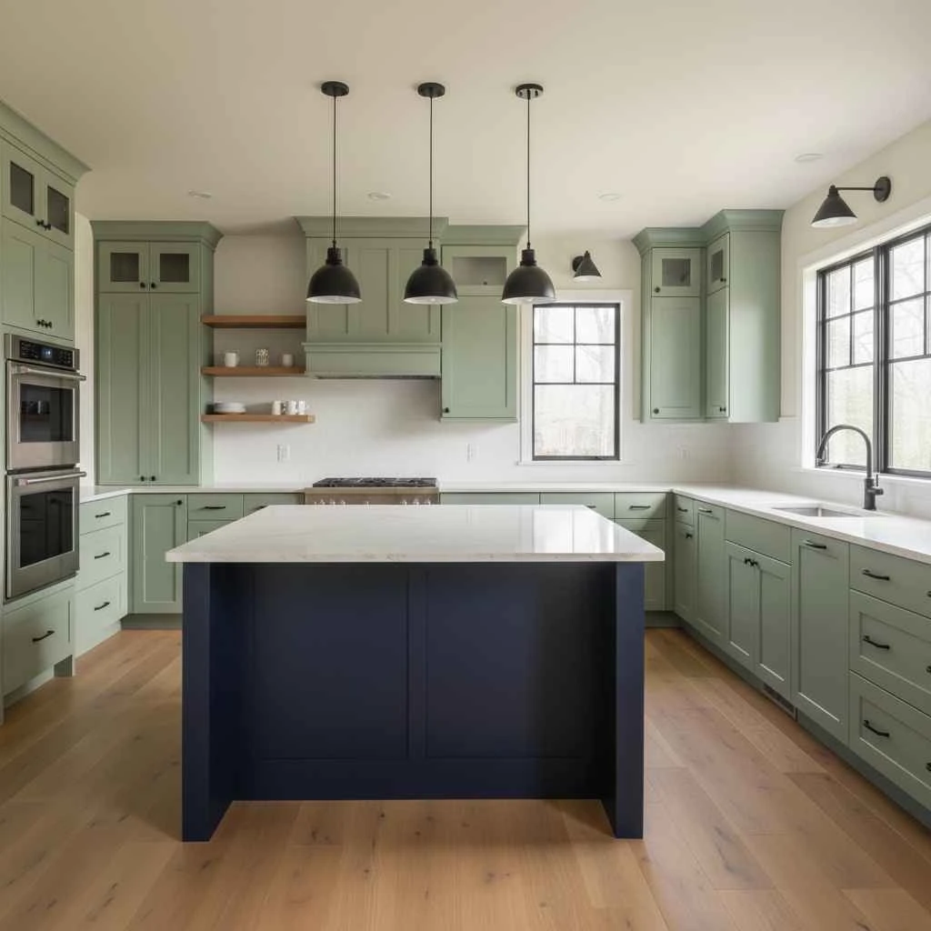 Modern Raleigh kitchen featuring a navy island with freshly painted cabinets.