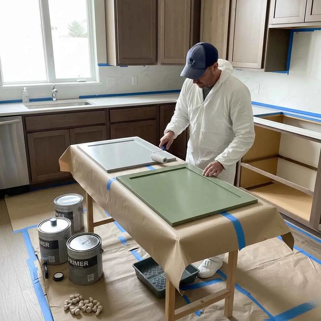 Professional painter applying primer and paint to cabinet panels in a Raleigh kitchen.