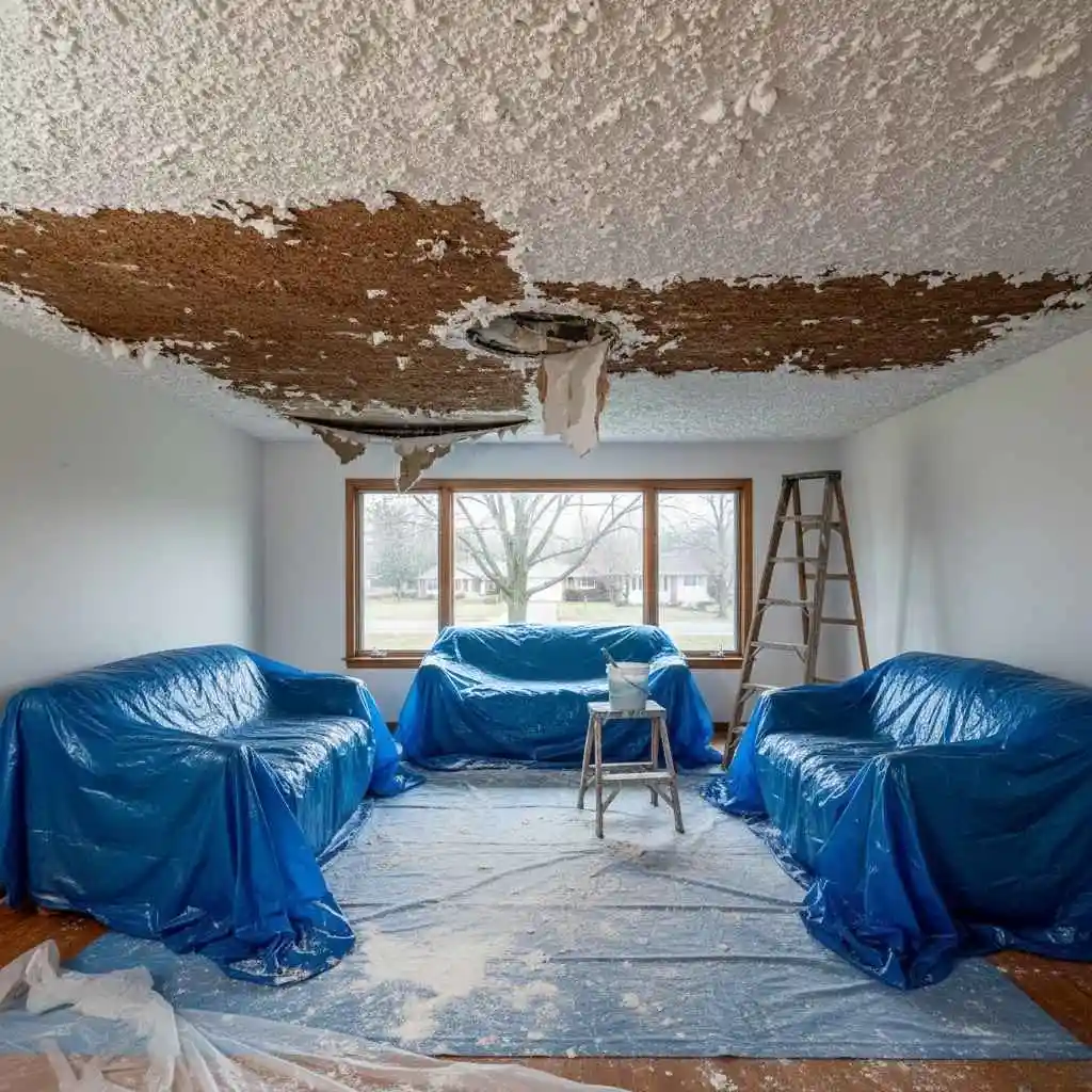 damaged popcorn ceiling ready for professional removal