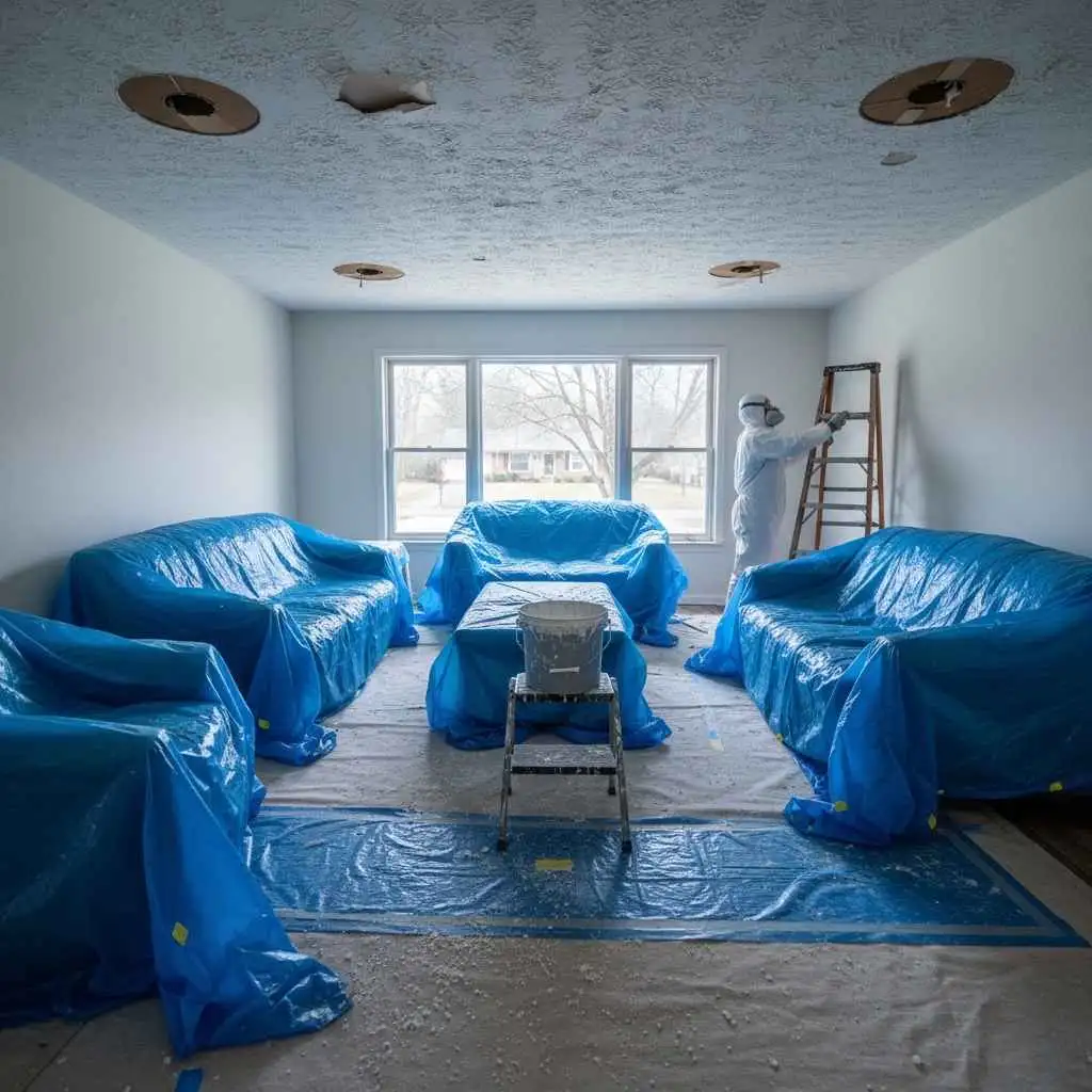 furniture covered for ceiling removal work