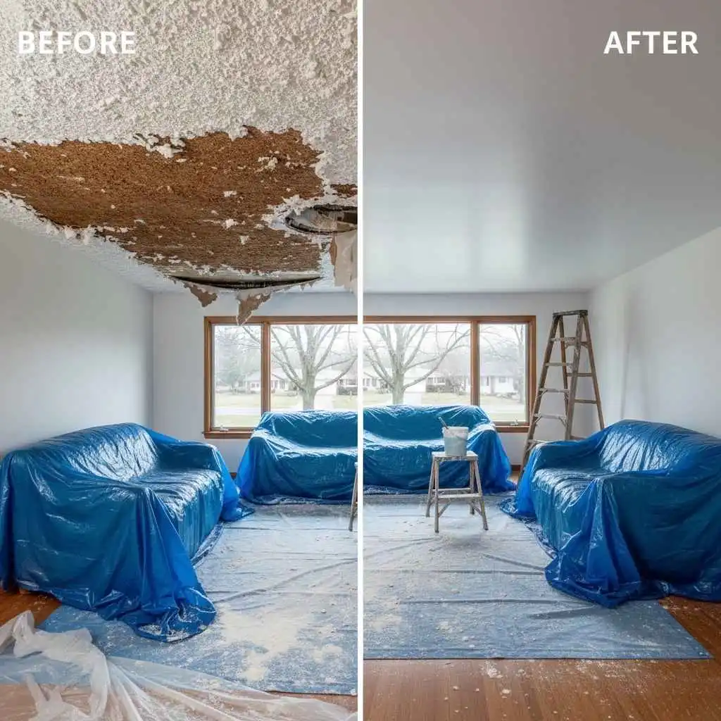 showing before and after ceiling removal in a Raleigh home
