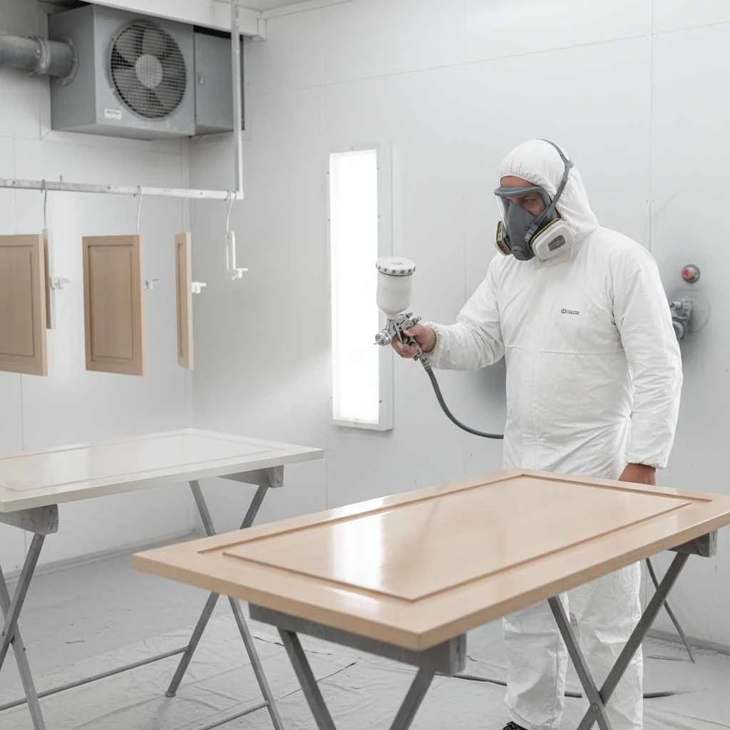 professional painter spraying cabinet doors in workshop setting