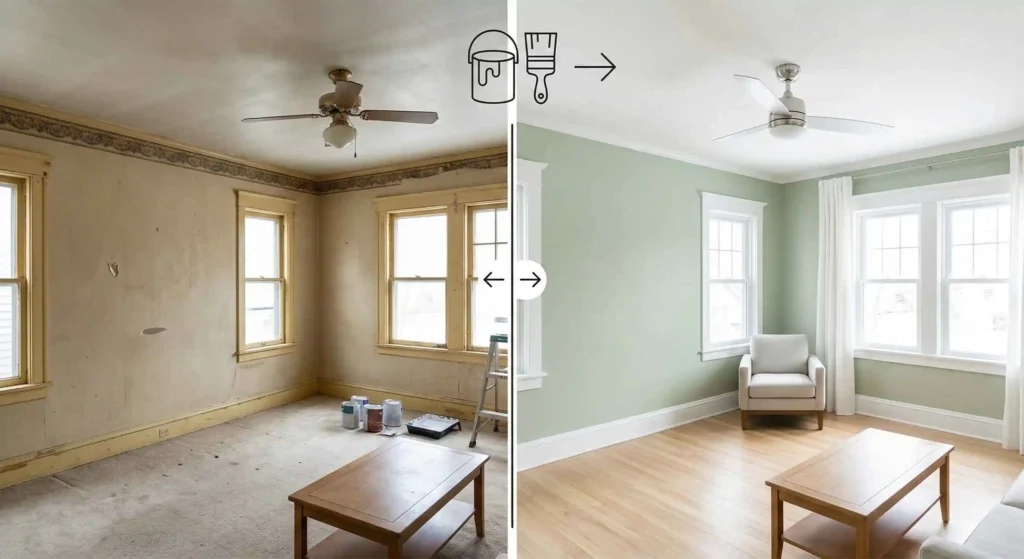before-and-after interior painting transformation.