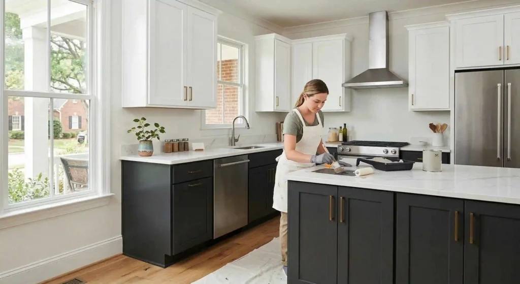 kitchen featuring two-tone cabinets with white upper cabinets and dark lower cabinets.