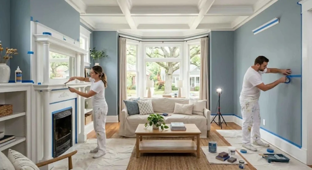 painters prepping walls and taping edges