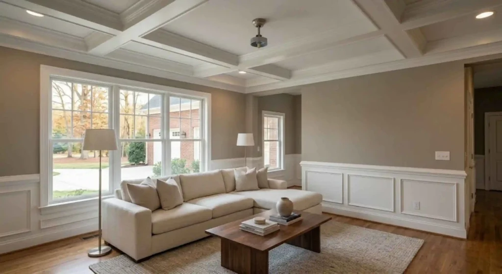 Smooth professionally repaired drywall in modern Raleigh living room