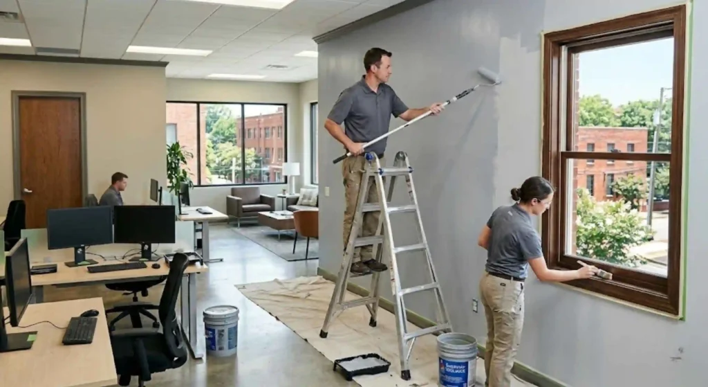 commercial painters applying fresh paint inside a modern Raleigh office.