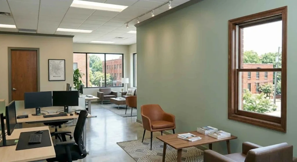 completed modern office interior with fresh paint and clean workspace design in Raleigh.