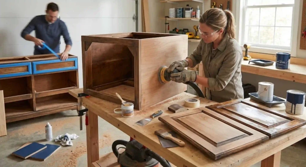 Bathroom vanity refinishing process with cabinet preparation