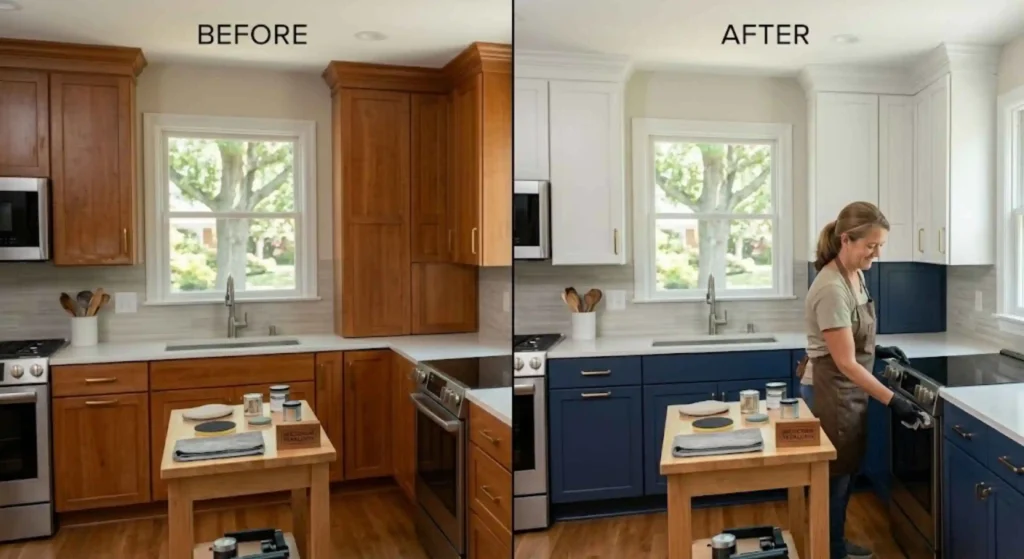 Before and after cabinet painting transformation in Raleigh home