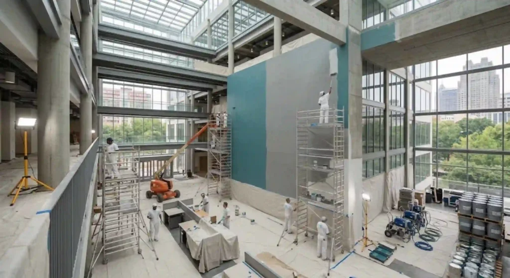 Commercial painting crew working inside Raleigh office building