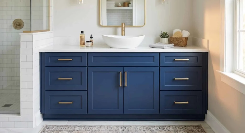 Completed bathroom cabinet makeover with smooth painted finish