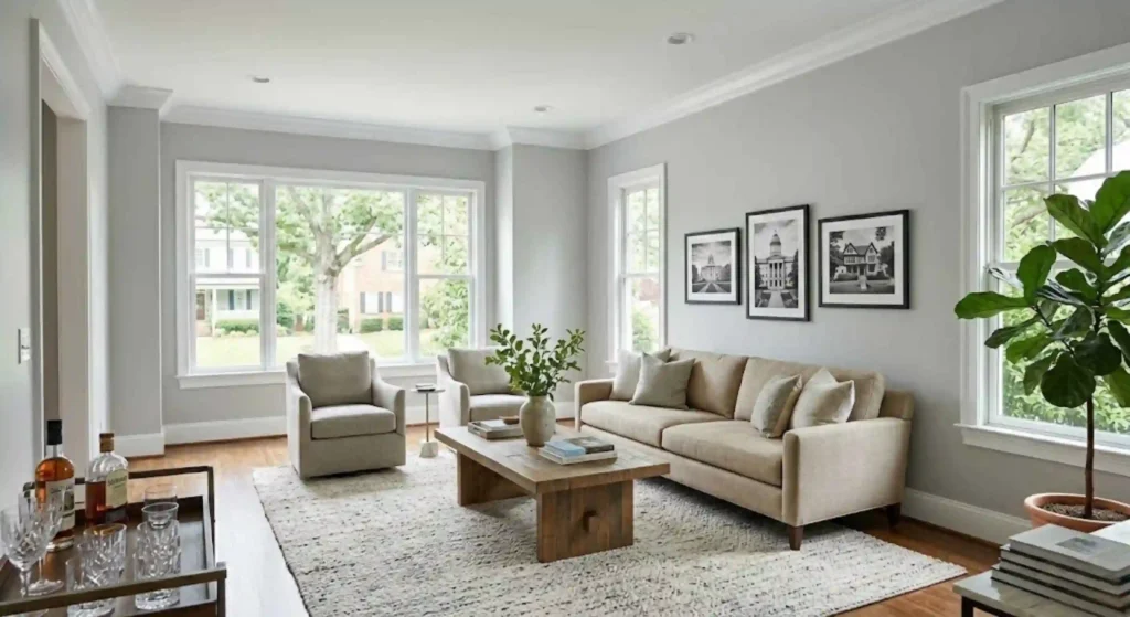 Completed smooth interior painting project in Raleigh living room