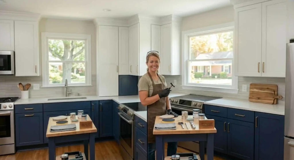 Freshly restored kitchen cabinets with modern finish in Raleigh