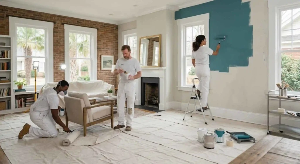 Professional residential interior painting team working in Raleigh