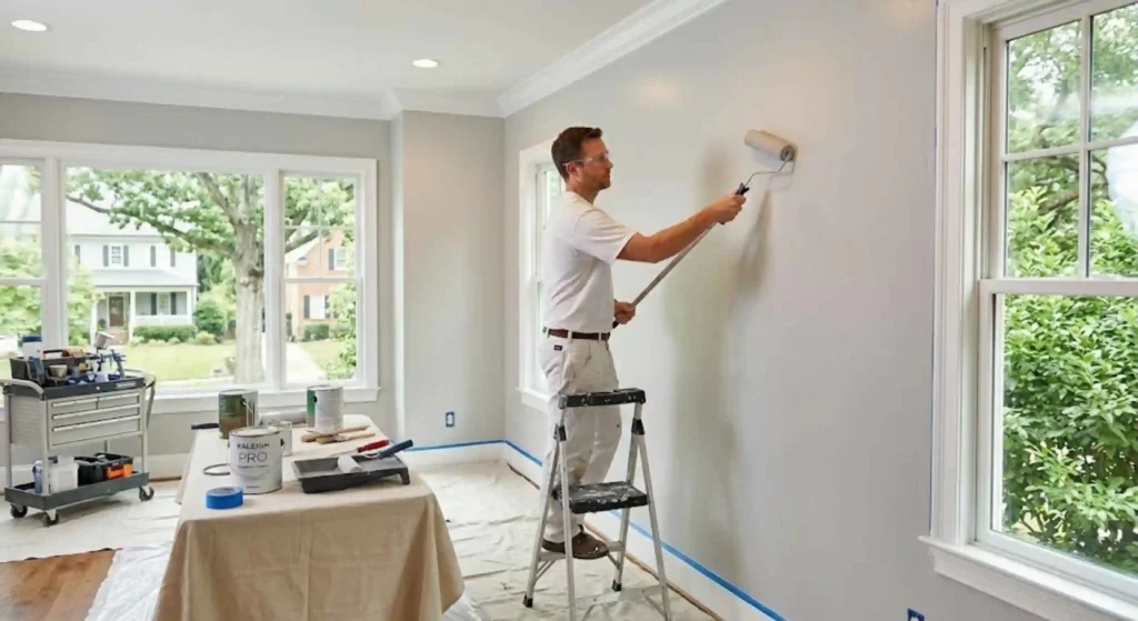 Professional room painting creating smooth wall finishes in Raleigh