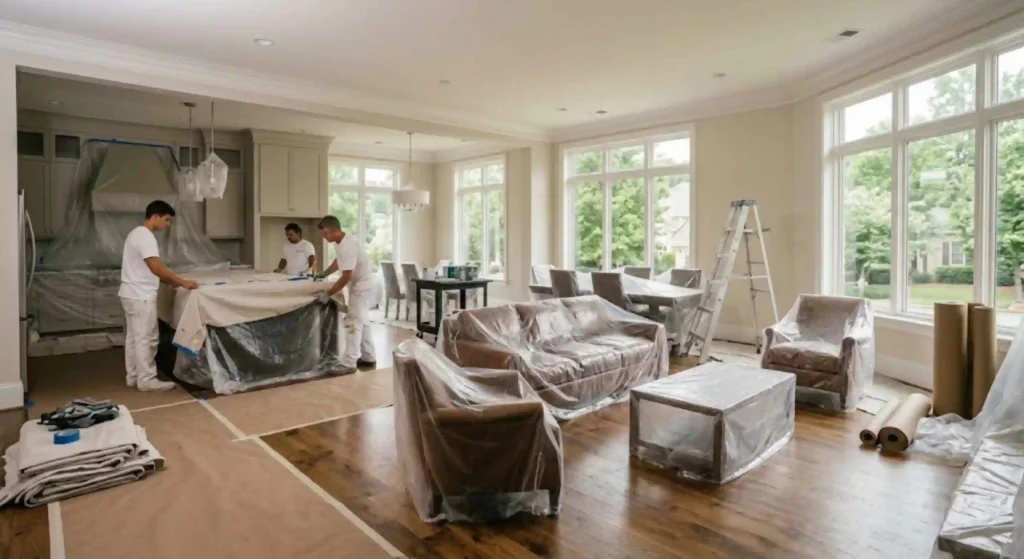 Raleigh interior painters protecting furniture and floors during residential repainting